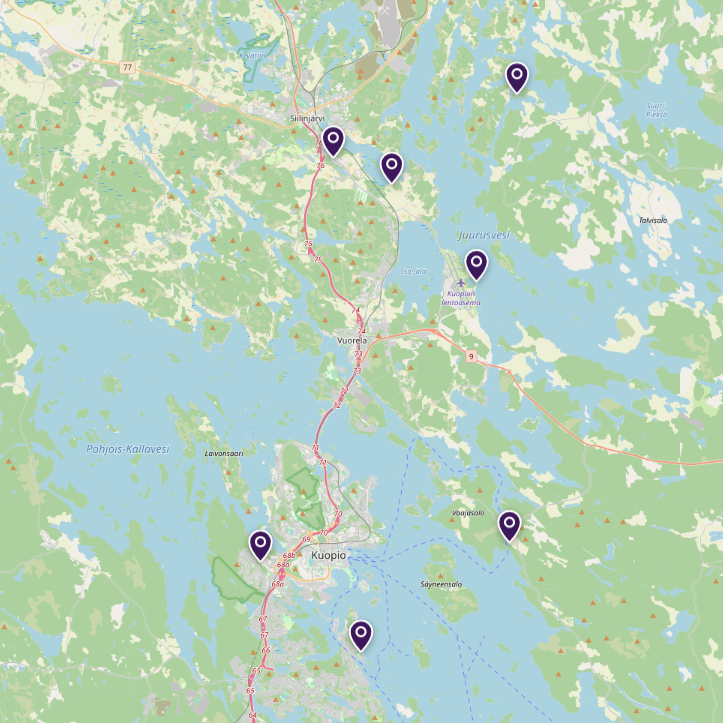 Kartta, jossa kunnan liikuntapaikat on merkitty karttamerkeillä