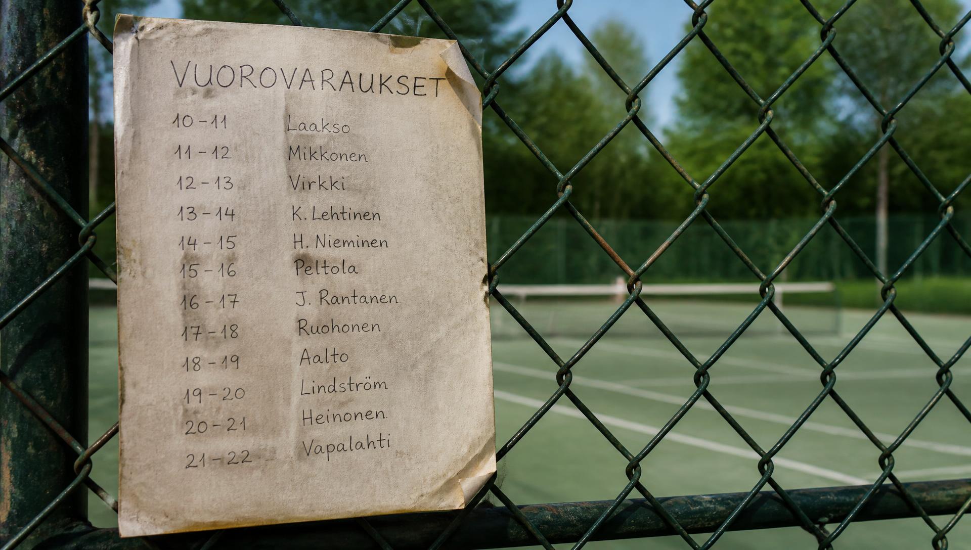 Sateen kastelema paperinen varauslista ulkotenniskentän aidassa